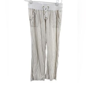 Guess Women's Cream Tan Striped Casual Pants pull on drawstring linen M resort